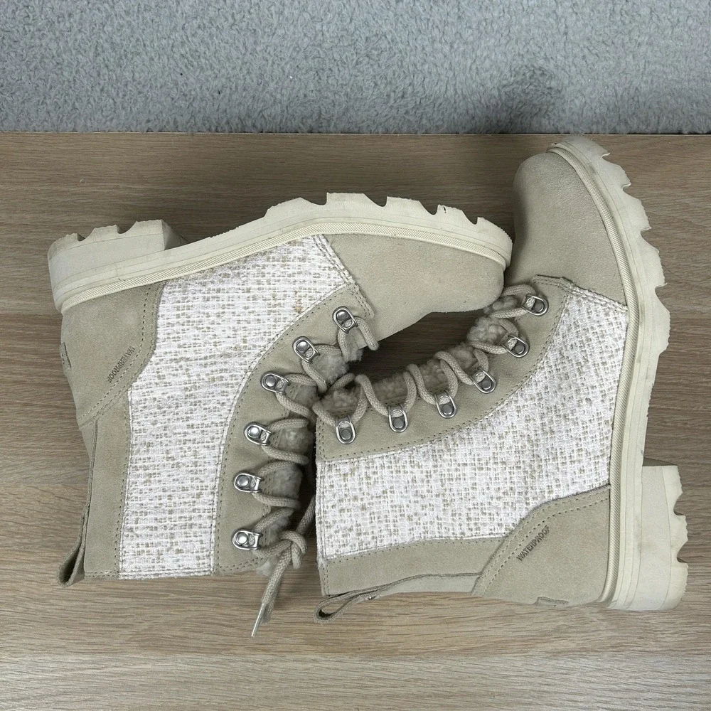 Sorel Lennox Boots Womens Size 8.5 Beige Waterproof Fleece Lined‎ Lace Up